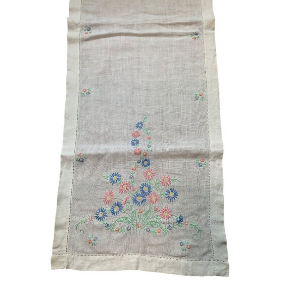 Vintage Floral Embroidered Linen Table Runner - 41" x 14.5" - Charming Handcraft - Picture 1 of 8